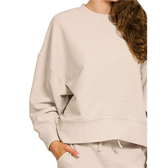 Zenana Ribbed Round Neck Pullover and Drawstring Pants Set - Picture 2 of 2